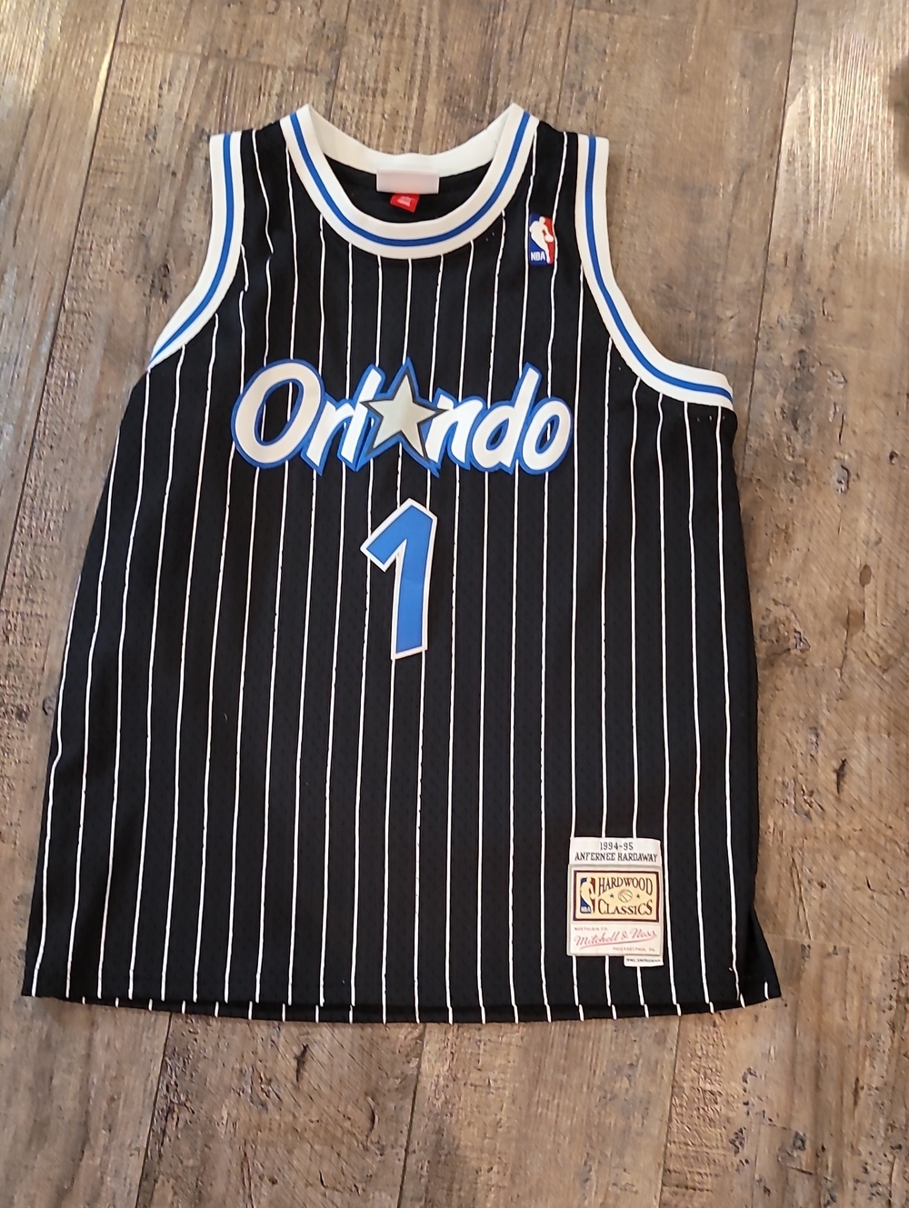 Mitchell & Ness Kids Orlando Black Pinstripe Jersey Hardaway #1